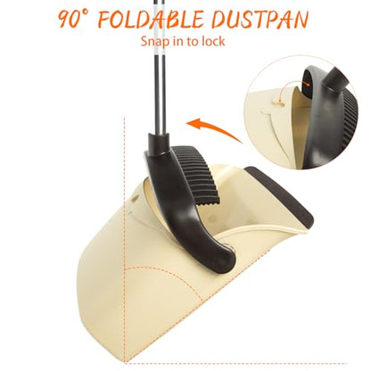 Broom and Dustpan Set, Dustpan Combo with 51" Stainless Steel Long Handle Brooms with 5-Layer Soft Bristles for Home Office Kitchen Bathroom(Beige) - color: Beige