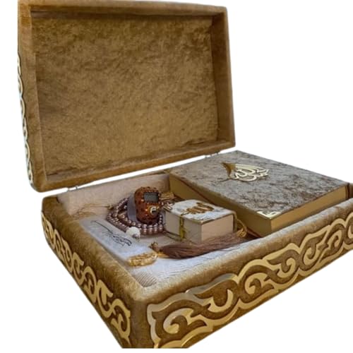 Muslim Gift Prayer Rug Set,Islamic Luxury Box Set,5 Piece.Quran&Mini Pocket Size Quran&Prayer Rug&Digital Zikr Counter&Prayer Beads Rosary&Prayer Printed Bookmark in Velvet Covered Luxury Box