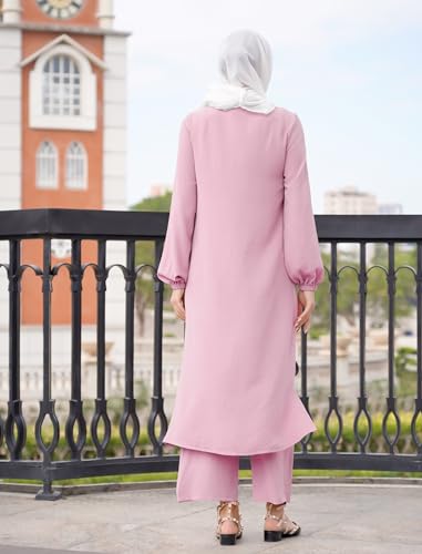 Women's Muslim 2 Pieces Sets Long Sleeve Button Down Shirt and Pants Abaya Casual Dress Dubai Outfits - color: Pink, size: Small