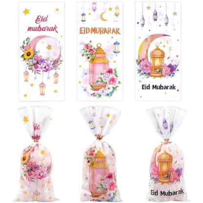 Sanfly Eid Mubarak Goodie Bags 50 Pcs Ramadan Gift Bags, Watercolor Moon Flower Print Eid Theme Plastic Candy Snack Pouch
