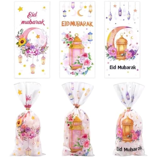 Sanfly Eid Mubarak Goodie Bags 50 Pcs Ramadan Gift Bags, Watercolor Moon Flower Print Eid Theme Plastic Candy Snack Pouch