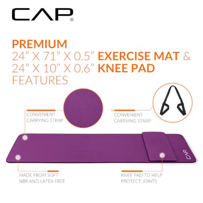 CAP Barbell 1/2-Inch High Density Exercise Yoga Mat with Strap | Multiple Options - color: Wine, style: Yoga Mat w/Knee Pad