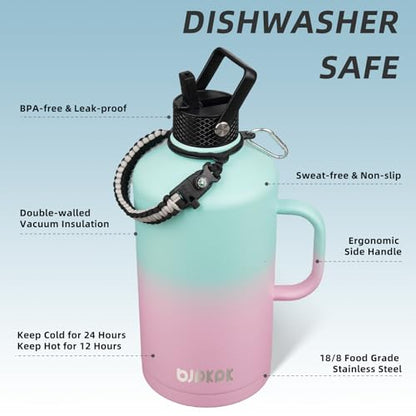BJPKPK 128oz Insulated Water Bottle with Straw Lid, 1 Gallon Water Jug | Large Stainless Steel Vacuum Insulated Water Jug with 3 Lids, Side Handle & Paracord Strap, BPA-Free Leak-Proof Bottle - color: Marshmallow, style: 128oz-Side Handle