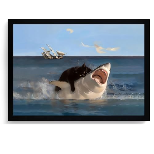 ICHZUMW Framed Funny Black Cat Biting Shark Ocean Canvas Wall Art 16x24 In - color: Black Shark Rider, size: 24"L x 16"W