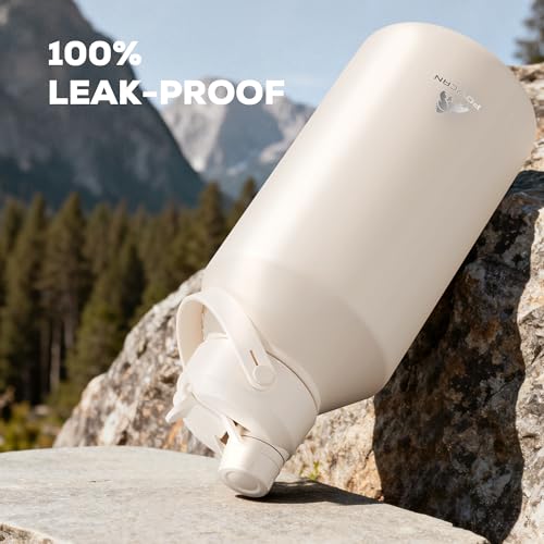 POWCAN 64 oz Water Bottle Insulated with 2-in-1 Straw and Spout Lid, Carrier Bag, Handle Strap, Leakproof, BPA-Free, Half Gallon Metal Water Bottle for Camping, Picnic and Hydration (Cream) - color: Cream