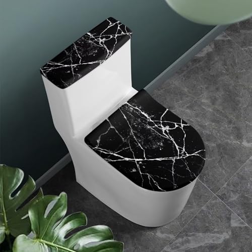 Black Marble Design Toilet Lid Dust Cover & Toilet Tank Lid Cover for Bathroom Machine Washable Anti-dust with Elastic Edge - color: Black Marble Design