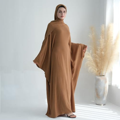 ODIZLI Abayas For Women Muslim Dubai Full Cover Kaftan Shirt Dress Batwing Sleeve Prayer Dress With Hijab - color: Coffee + Hijab, size: One Size