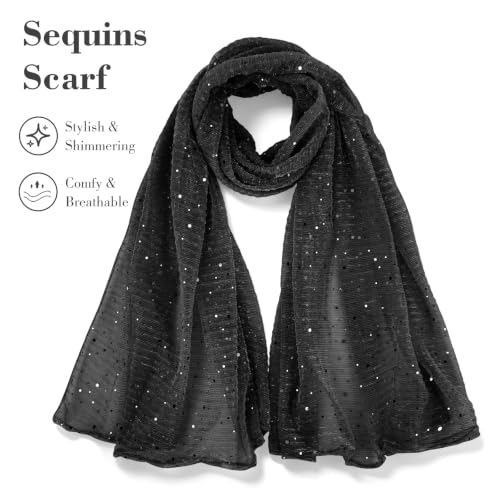 Sequin Scarf for Women Lightweight Mesh Shawl Wrap Bandana Hijab Headscarf for Summer Evening Dress - color: Black