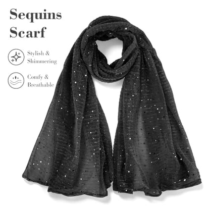 Sequin Scarf for Women Lightweight Mesh Shawl Wrap Bandana Hijab Headscarf for Summer Evening Dress - color: Black