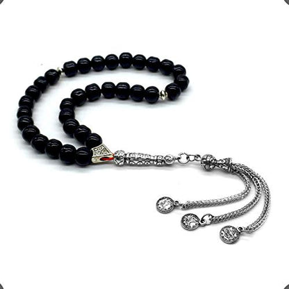 Shiny Black Glass Prayer Beads, Worry Beads, Tesbih, Tasbih, Tasbeeh, Misbaha, Masbaha, Subha, Sebha, Rosary (8 mm 33 Beads) - color: Shiny Black Glass Beads -8 mm 33 Beads-
