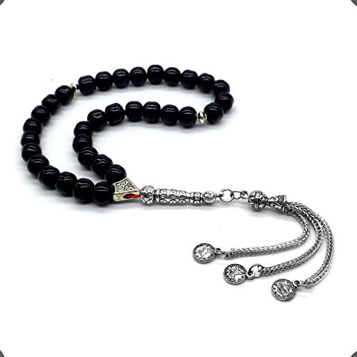 Shiny Black Glass Prayer Beads, Worry Beads, Tesbih, Tasbih, Tasbeeh, Misbaha, Masbaha, Subha, Sebha, Rosary (8 mm 33 Beads) - color: Shiny Black Glass Beads -8 mm 33 Beads-