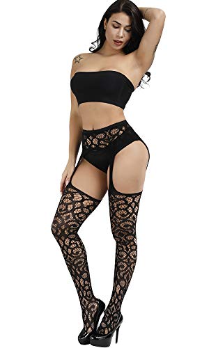 E-Laurels Womens High Waist Patterned Fishnet Tights Suspenders Pantyhose Thigh High Stockings Black - color: Black A10