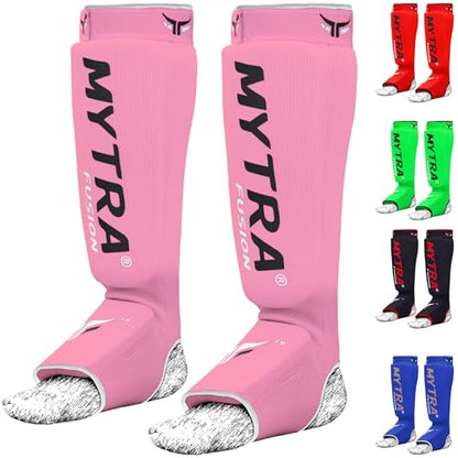 Mytra Fusion Shin Pads Instep Protector Kick Boxing Muay Thai Training Elasticated shin Guards - color: Pink, size: Large-X-Large