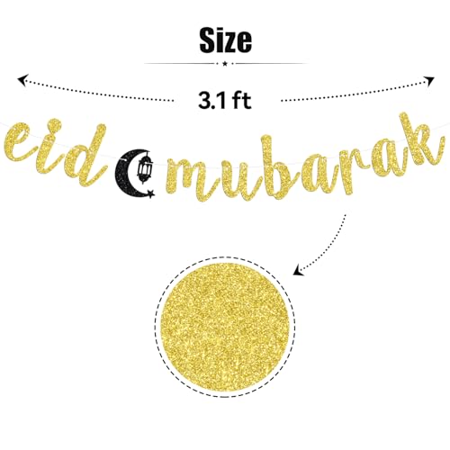 Eid Mubarak Banner, Ramadan Mubarak Banner for Hajj Eid Umrah Islamic Festival Muslim Party Decorations Supplies Gold Glitter