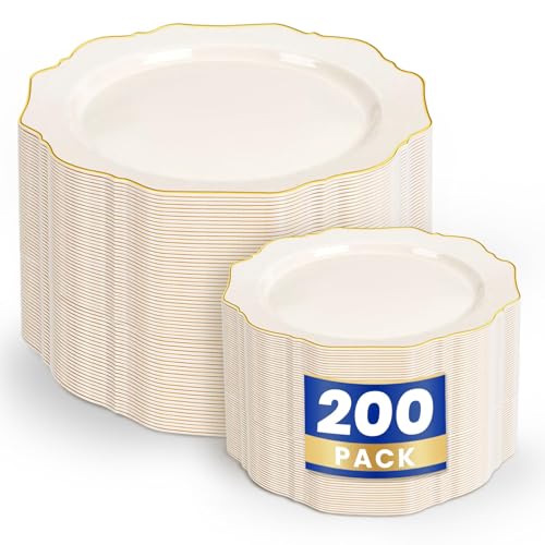 WDF 200PCS Ivory Plastic Plates with Gold Rim - Cream Plastic Plates - Include 100 Dinner & 100 Dessert Fancy Disposable Plate for Party - Heavy Duty Plate for Wedding/Baby Shower - color: Ivory, size: 200