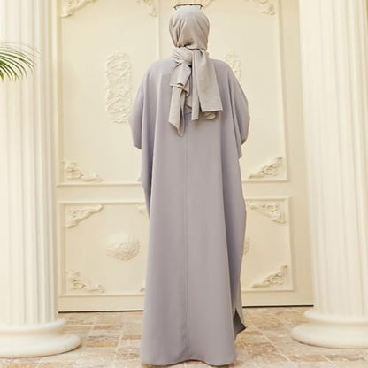 ODASDO Muslim Dresses for Women Abaya Button Down Henley Shirt Prayer Dress Batwing Long Sleeve Middle East Arabian Robe - color: Gray