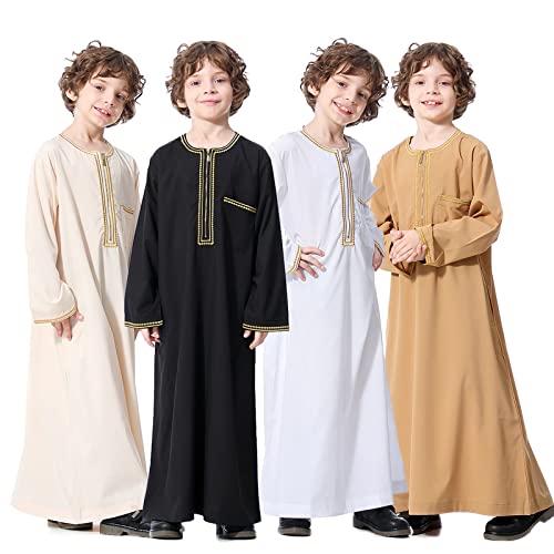 Boys Muslim Kaftan Islamic Thobe Kids Boys Muslim Dress Arabic Thobe Abaya Prayer Clothes Dubai Ramadan Eid Outfit - color: White, size: 6-8 Years