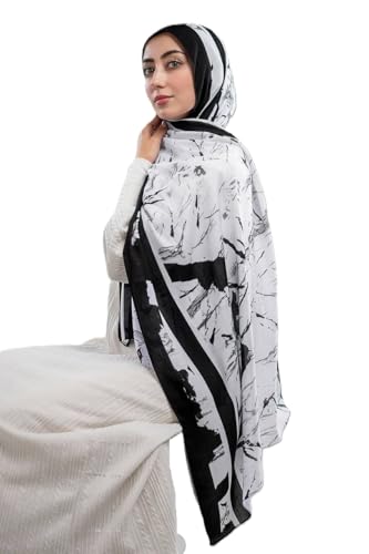 Hijab Modest and Elegant | Beautifully Designed Printed Chiffon Patterns | Muslim Women Head Scarf and Veil - color: White B