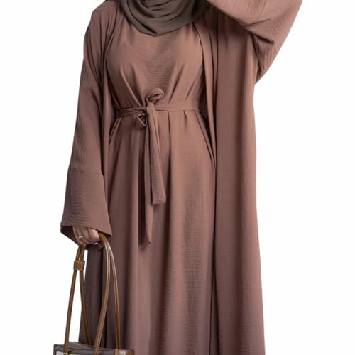 2PCS Women's Muslim Dresses Abaya Islamic Dubai Prayer Dress Robe Long Cardigan Maxi Dress - color: Coffee, size: Large
