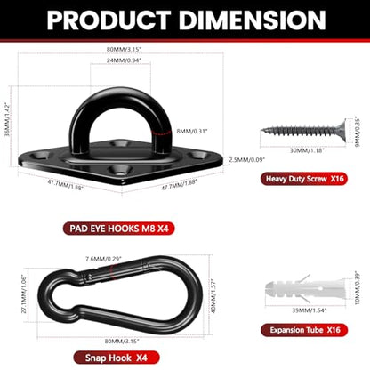 sprookber 304 Stainless Steel Pad Eye Snap Hooks, M8 Heavy Duty Ceiling Hook, 1200 lb Capacity Hammock Swing Hanging kit, Plant Hangers, Marine Hardware Staple Hook Loop with Screws, Set of 8(Black) - size: 3.15 inch, style: Black Rhombus