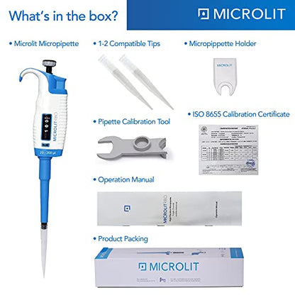 MICROLIT Single-Channel Pipettes with Adjustable Volume, Accurate and Calibrated Ergonomic Design Adjustable Micropipette for 20-200ul Liquid Capacity, Compatible with 200ul Pipette Tips - size: 20-200ul, style: Single-Channel