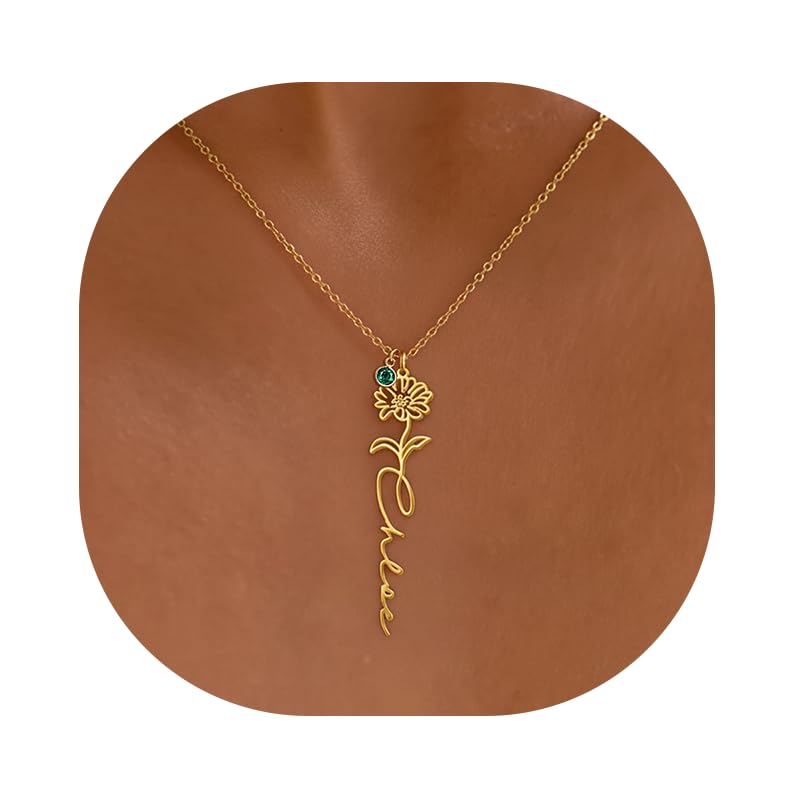 Elemtansy Custom Name Necklace with Birth Flower, Personalized Jewelry Necklaces for Women, 18K Gold Name Plate Necklaces Personalized Mothers Day Birthday Gifts for Women Sister Best Friend - color: 2-Name with Birth flower&Birthstone