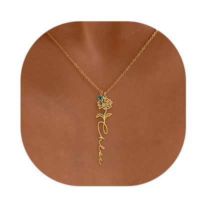 Elemtansy Custom Name Necklace with Birth Flower, Personalized Jewelry Necklaces for Women, 18K Gold Name Plate Necklaces Personalized Mothers Day Birthday Gifts for Women Sister Best Friend - color: 2-Name with Birth flower&Birthstone