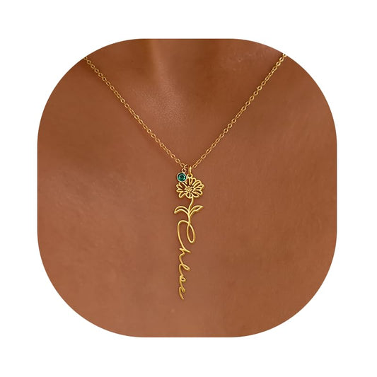 Elemtansy Custom Name Necklace with Birth Flower, Personalized Jewelry Necklaces for Women, 18K Gold Name Plate Necklaces Personalized Mothers Day Birthday Gifts for Women Sister Best Friend - color: 2-Name with Birth flower&Birthstone