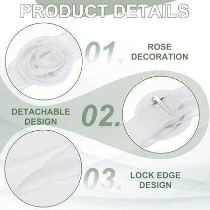 Chiffon Scarf for Women, Long Skinny Chiffon Neckerchief with Detachable Rose Flower Light Soft for Hair Ribbon - color: White