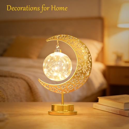 Moon Lamp with Hanging Globe, Decorative Crescent Moon Table Lamp Battery Powered, Retro Metal Islamic Decor LED Night Light for Bedroom Living Room, Gift for Women Birthday Christmas Boho Home Decor - style: Battery Powered Moon Lamp Ball