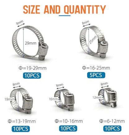 Hose Clamp Assortment, 45 Pack Stainless Steel Hose Clamps Kit Worm Gear Fuel Line Pipe Clamps (1/4 in to 1-1/8 in) - size: 6-29mm (1/4-1-1/8 inch)