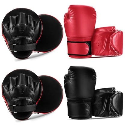 Foilswirl 4-in-1 2 Pairs Boxing Gloves and Punching Mitts Set for Kids, Boxing Gloves Pads Equipment Set for Training, Kickboxing, MMA, Karate, Muay Thai, Taekwondo, Martial Arts - color: Red and Black