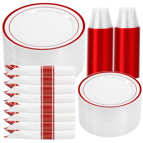 DaYammi 350PCS Red Plastic Dinnerware Set for 50 Guests - color: B Red, size: 350PCS（50 Guests)