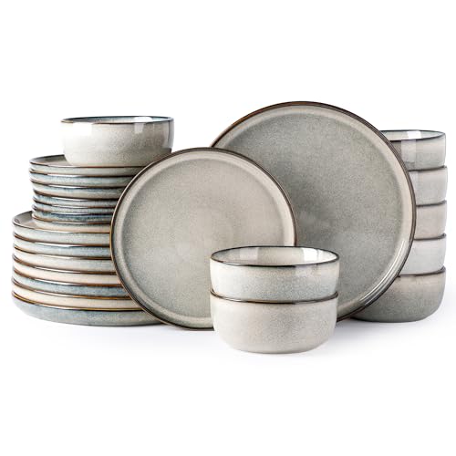 GBHOME Ceramic Dinnerware Sets for 8, 24 Pieces Stoneware Plates and Bowls Sets, Scratch Resistant Dishes, Dishwasher & Microwave Safe, Reactive Glaze-Green Wheat - color: Green Wheat, size: Service for 8(24Pcs)