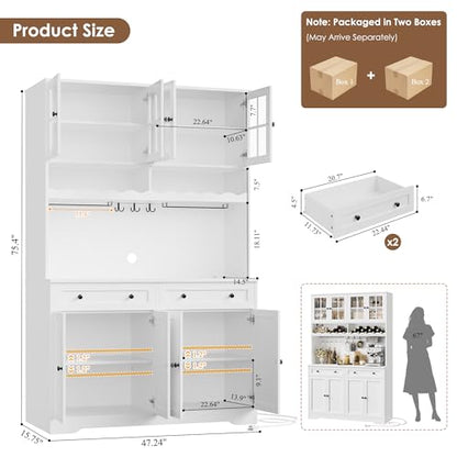HOSTACK 75" Kitchen Pantry Storage Cabinet, Coffee Bar Hutch Cabinet, White | Tall Pantry Cabinet with Charging Station / Wide Countertop / Glass Doors / Wine Rack / Cup Holder / Drawers, Dining Room - color: White