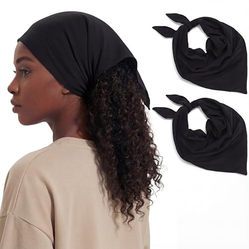 Cuffbow 2 Pcs Satin Lined Bandana Waterproof Head Scarf Non-Slip Hair Scarf Large Triangle Waterproof Rain Headband for Women Black