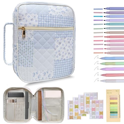 Bible Cover for Women (Blue Spliced Flower, Large-Bag Set) - color: B2 Blue Spliced Flower Set