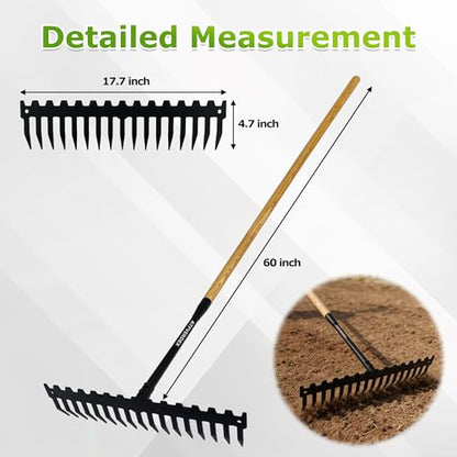 Garden Rake, 60" Wooden Handle with 17-Tine Metal Bow Rake, Secure Fit | Stop Back Pain! Rock Rake Heavy Duty for Loosening Soil,Leveling Gravel,Clearing Fallen Leaves,Removing Sod and Landscaping