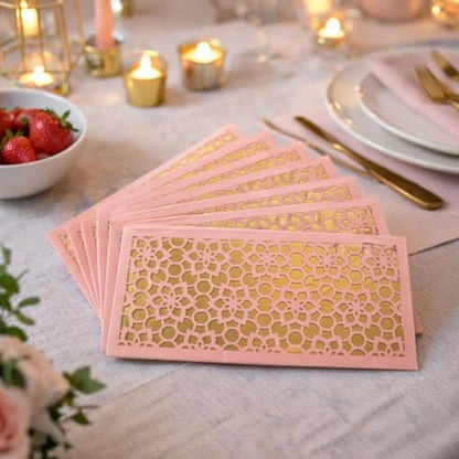 Laser Cut Money Envelopes Pack of 10, Blush Pink with Gold, Premium Cash Gift Envelopes, Shagun Lifafa for Weddings, Birthdays, Baby Shower, Graduation & Special Occasions