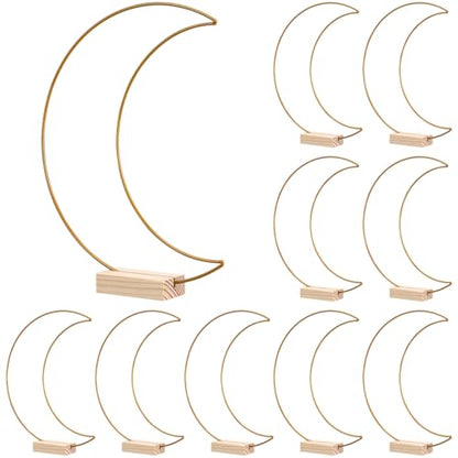 SEWACC Dining Table Decor 10 Sets Metal Floral Hoop Centerpiece Moon Shaped Metal Wreath Ring with Wood Holders for DIY Wedding Table Decor Flower Garlands
