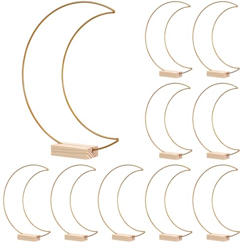 TEHAUX Metal Floral Hoops Moon Shaped, 10 Sets Metal Wreath Ring with Wood Holder, Gold Hoop Moon Arch for Home Wedding Christmas Party Table Centerpieces Decor - color: As Shown, size: 26x20cm