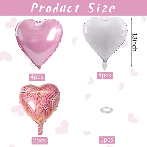 Pink Agate Heart Balloons, 10 Pcs White Foil for Valentine Girls Birthday - color: Glossy-pink White Agate