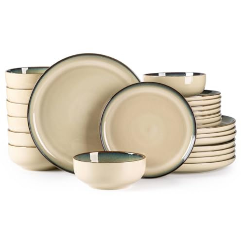 GBHOME Dinnerware Sets for 8, 24 Pieces Ceramic Plates and Bowls Set - color: Pale Khaki, size: Service for 8(24Pcs)