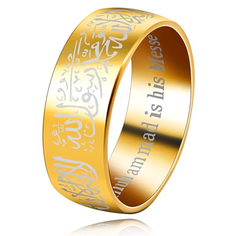 Uloveido Muslim Mohammad Arabic Letter Shahada Rings Gold Color Stainless Steel 8mm Wide Band Religious Allah Rings for Men and Women Y543 - color: Gold