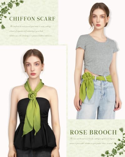 Chiffon Scarf for Women, Removable Flower Neck Scarf Light Soft Fashion Rose Scarves Versatile Headband or Hair Band - color: Dark Green