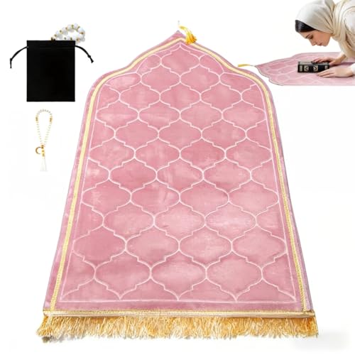 Muslim Prayer Rug - Soft Slow Recovery Foam Islamic Prayer Mat with Tasbih Beads - Thick Padded for Men, Women & Kids for Salah, Ramadan and Eid - 25.6" x 43.3", Pink