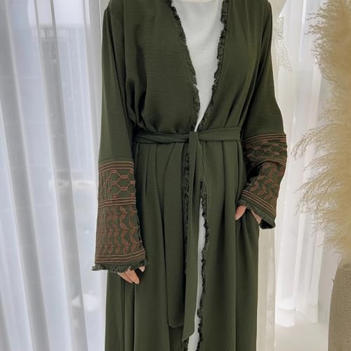 Muslim Dresses for Women Ramadan Kimono Long Sleeve Embroidered Islamic Cardigan Prayer Dress Abaya Kaftan with Belt - color: Green, size: Large