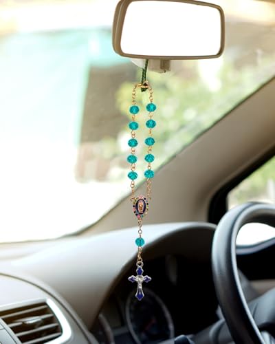 Rimvoe Car Rosary for Rearview Mirror Hanging - Catholic Religious Devout Gift with Virgin Mary Charm and Crucifix, Ideal Catholic Rosary Gifts for Men & Women - color: blue