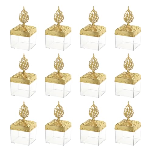 Eforcase 12PCS Royal Golden Clear Candy Boxes with Ornate Crown-Shaped Lid for Ramadan, Eid, Weddings, Parties & Gifts - color: golden clear