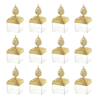 Eforcase 12PCS Royal Golden Clear Candy Boxes with Ornate Crown-Shaped Lid for Ramadan, Eid, Weddings, Parties & Gifts - color: golden clear